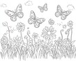 © NFTNexus - Coloring page featuring cartoon butterflies soaring above grass and flowers Hand drawn 2D black and white illustration perfect as a design template for children s coloring books posters or postcar