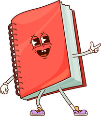 Aufkleber - School education notebook groovy character with a joyful expression and playful stance. Cartoon vector spiral-bound notebook or diary retro personage striking a confident pose with finger gun gesture