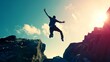 © Ameer - Silhouette of a man leaping between two cliffs at sunset, symbolizing perseverance, positive mindset, and the determination to overcome obstacles with an 'I can do it' attitude.
