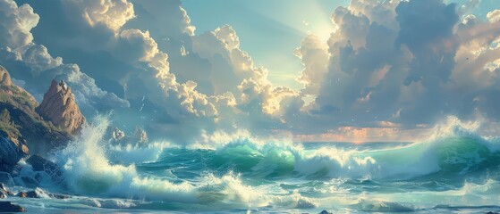 Wall Mural - Serene Ocean Waves Under Expansive Cloudy Sky