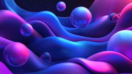 Trendy wavy fluid and spherical gradient shapes in a poster design featuring a 3D motion background with flowing spheres and curves Futuristic gradient elements in a techno style for web use