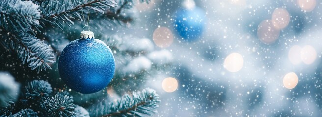 Festive blue christmas ornament on evergreen tree with snowfall