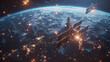 © SS Digital - Many Satellites Flying over Earth as Seen from the Space, They Connect and Cover Planet with Digitalization Network of Information. Global Data Grid Connecting Whole World. 3D VFX