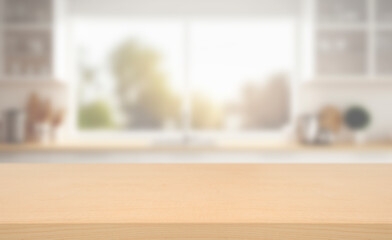 Wall Mural - Empty of wood table top on blur of white clean  abstract and blur interior background with bokeh.used for display or montage your products. banner.