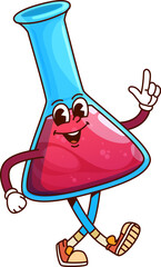 Poster - School education flask groovy character with red liquid and happy expression, promoting chemistry science education, school projects and playful learning environments in a fun and engaging approach