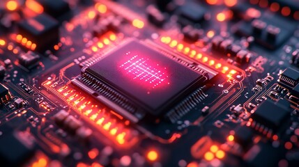 Close-up of a glowing CPU with red lights on a circuit board.