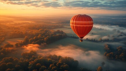 Sticker - Hot Air Balloon Soaring Above a Misty Forest at Dawn