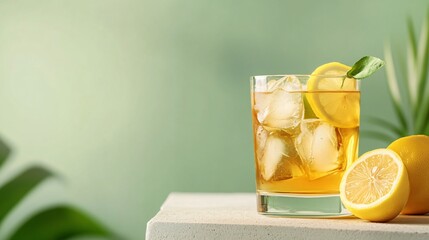 Wall Mural - refreshing iced tea with lemon and ice in a glass on a white table.