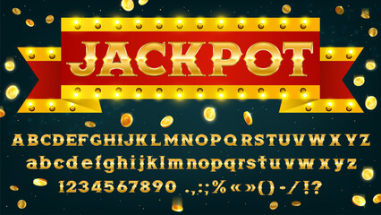 Vintage golden type, Western font or casino typeface and circus alphabet, vector letters. Jackpot font of Broadway lightbulb signboard with golden type for Vegas casino poker or cinema show premiere