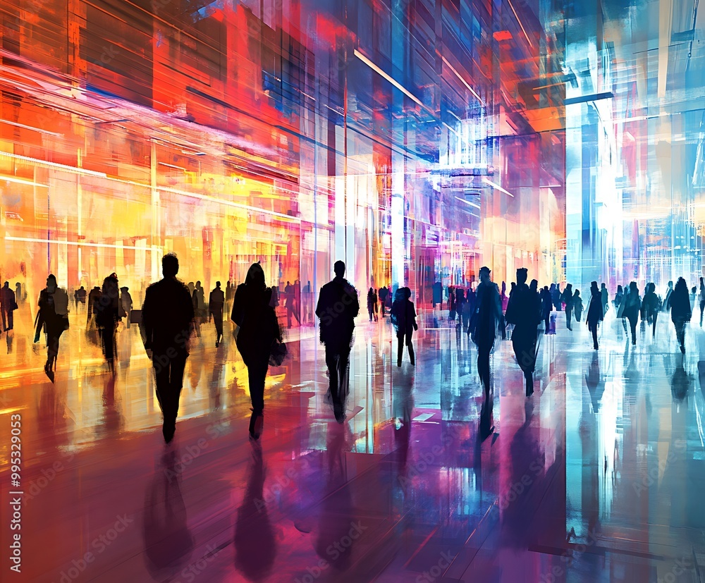 Time lapse of people walking, fast colorful lines of motion illustrated ...