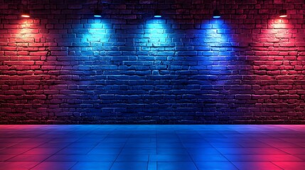 Wall Mural - Brick wall interior view abstract background with blue and red lights on the scene, rough stone wall