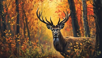 Wall Mural - Majestic deer in a vibrant autumn forest, embodying tranquility and the essence of wildlife surrounded by colorful foliage and natural beauty.