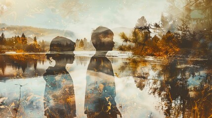 Poster - A painting of two people in a lake with trees in the background