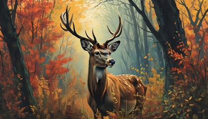 Majestic deer in a vibrant autumn forest, embodying tranquility and the essence of wildlife surrounded by colorful foliage and natural beauty.