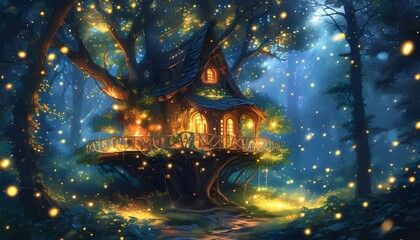 Enchanting treehouse in a magical forest illuminated by fireflies, embodying wonder, escape, and the essence of childhood dreams within natures embrace