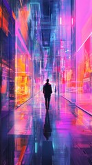 Wall Mural - A man walks down a neon lit city street