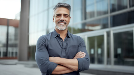 Portrait of a confident man standing with his arms crossed in front of a modern office building, smiling and looking at the camera. 