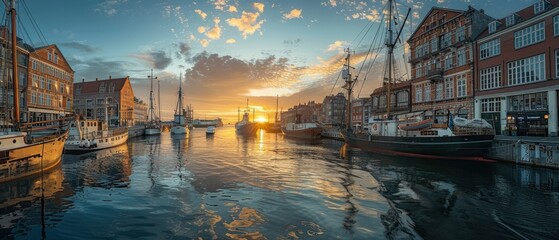 Wall Mural - Serene Sunset Over Historic Harbor with Boats