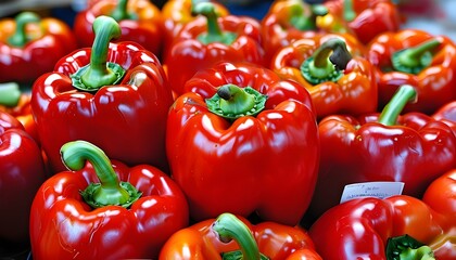 Vibrant display of glossy red bell peppers highlighting freshness, health, and the beauty of natures harvest