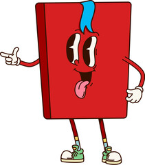Poster - Cartoon red book groovy character in hard cover with bookmark, sneakers, sticking tongue and finger gun gesture. Cute vector textbook, notebook or bestseller educational and quirky kids personage