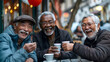 © SS Digital - Senior people group toasting latte at coffee bar rooftop - Happy aged friends having fun together sitting at cappuccino restaurant - Life style concept with smiling men and women