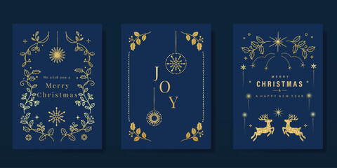 Wall Mural - luxury gold christmas invitation card folk design vector. christmas bauble, holly, leaves, snowflake