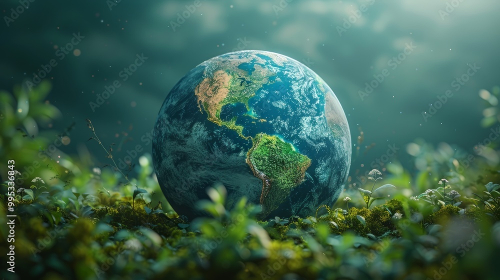 Environment Planet World environment day text with a full view of planet earth and nature ...