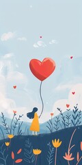 Wall Mural - A girl is holding a red heart balloon in a field of flowers