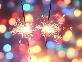 Wall Mural - Firecrackers on a celebration party with colorful bokeh lights on background