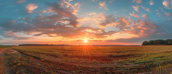 Wall Mural - Vibrant Sunset Over Open Field Landscape