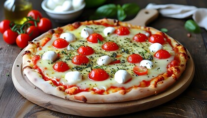 Wall Mural - Classic Italian pizza topped with fresh tomatoes and mozzarella cheese