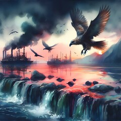 Wall Mural - a bird flying over an oil spill in the ocean, watercolor, dark hues, realistic.