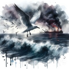 Wall Mural - a bird flying over an oil spill in the ocean, watercolor, dark hues, realistic.