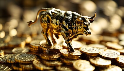 Majestic golden bull statue atop gleaming gold coins symbolizing prosperity, financial growth, and the thriving bull market