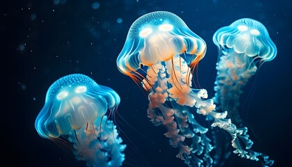 Enchanting underwater realm with bioluminescent jellyfish illuminating the deep blue sea, casting an ethereal glow and creating a magical, serene atmosphere.