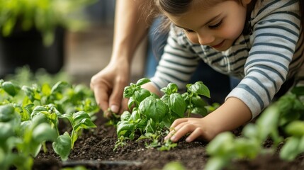 A child helping a parent plant basil seeds in a small garden bed, illustrating the joy of gardening and family bonding.