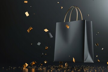 Floating shopping bag with golden confetti on dark background