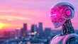 © O - Futuristic humanoid robot overlooking city skyline at sunset