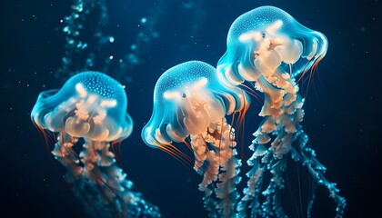 Enchanting underwater realm with bioluminescent jellyfish illuminating the deep blue sea, casting an ethereal glow and creating a magical, serene atmosphere.