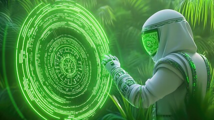 Futuristic explorer interacting with digital interface in a lush green environment