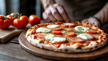 Artisan pizza creation featuring fresh tomatoes and mozzarella crafted by skilled hands