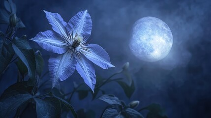 Wall Mural - A single clematis flower, highlighted by the full moon in the background, creating a serene, mystical vibe