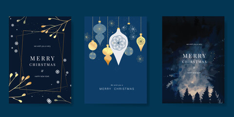 Poster - Luxury gold christmas invitation card design vector. Christmas bauble, snowflakes, pine tree, branch on navy blue background. Design illustration for cover, print, poster, ads.