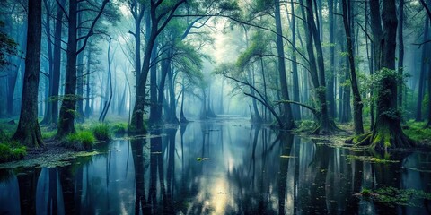 dark misty forest swamp nature background with a long shot view