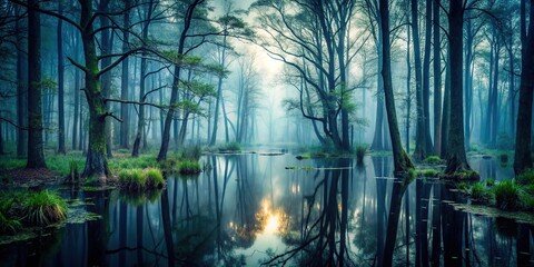 Wall Mural - dark misty foggy forest swamp nature background