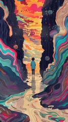 Sticker - A boy stands in a tunnel with a colorful background