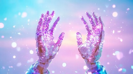 Futuristic robotic hands with neon lights in a dreamy background