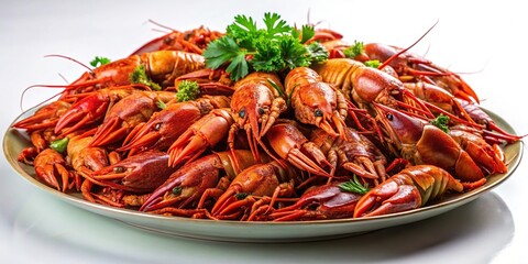 Delicious boiled crayfish on a platter for a cooked seafood dinner viewed from a worm's eye view