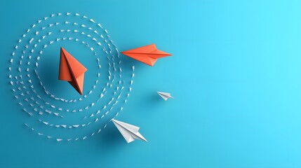 Business goal solution concept. Paper planes flies to the abstract target vector web banner. 