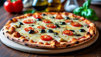 Wall Mural - Artisan pizza displayed in a cozy restaurant with selective focus highlighting delicious toppings and textures